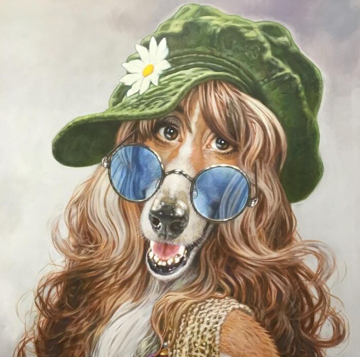 Pop culture icons into dogs: caricature painting of a long-haired dog in green hat with daisy and blue round sunglasses.