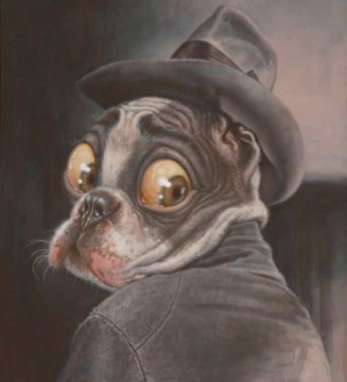 Caricature painting of pop culture icons as dogs; one dog in a hat with big bulging eyes looking over its shoulder.