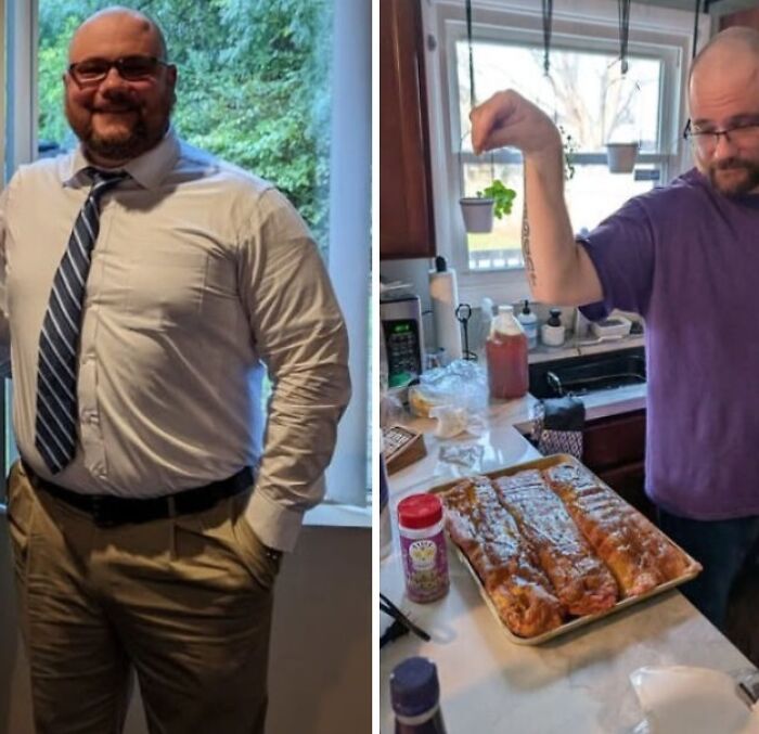 Wholesome photos: side-by-side of a man in shirt and tie and the same man seasoning ribs in a kitchen