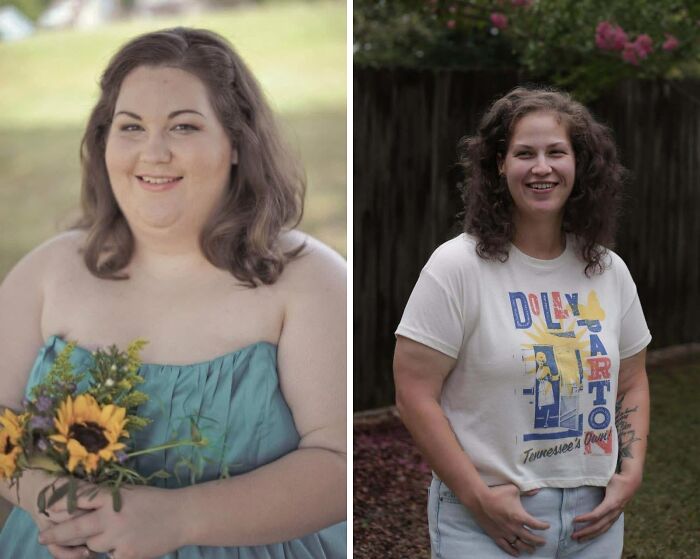Wholesome photos: before and after portrait of a woman smiling, holding sunflowers in a dress, then relaxed in a t-shirt