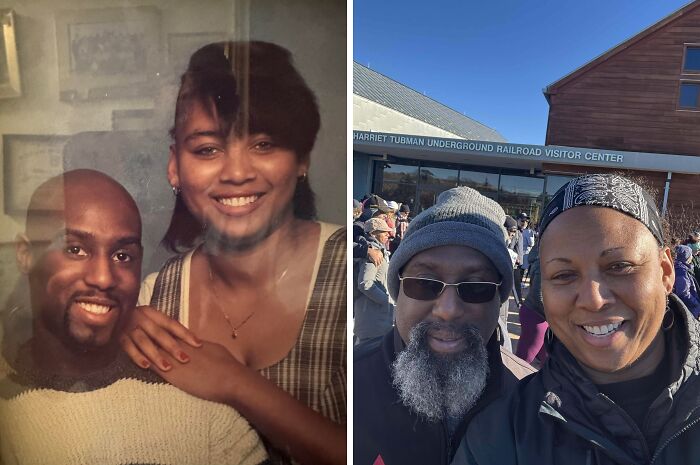 Wholesome photos then-and-now of a smiling couple: younger studio portrait and older outdoor selfie at a visitor center