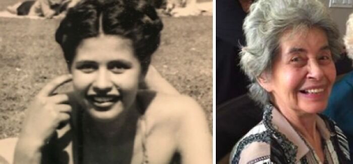Wholesome photos: side-by-side young woman at beach and same woman decades later smiling, illustrating life journey