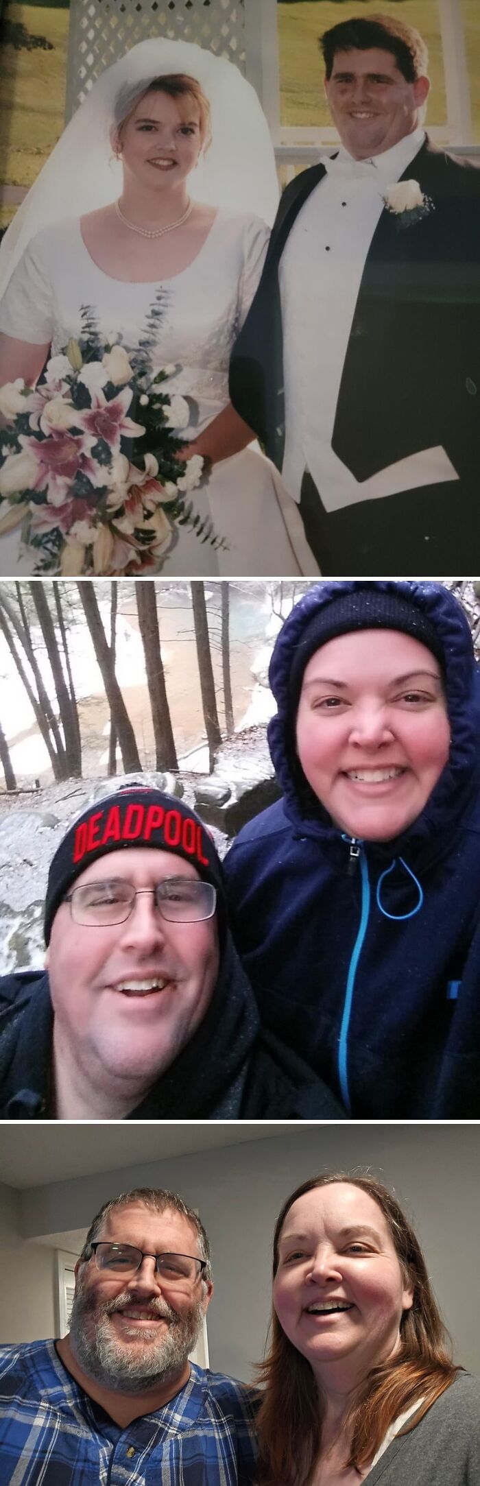 Wholesome photos of a couple across decades: wedding portrait holding bouquet, snowy outdoor selfie, and older smiling home selfie.