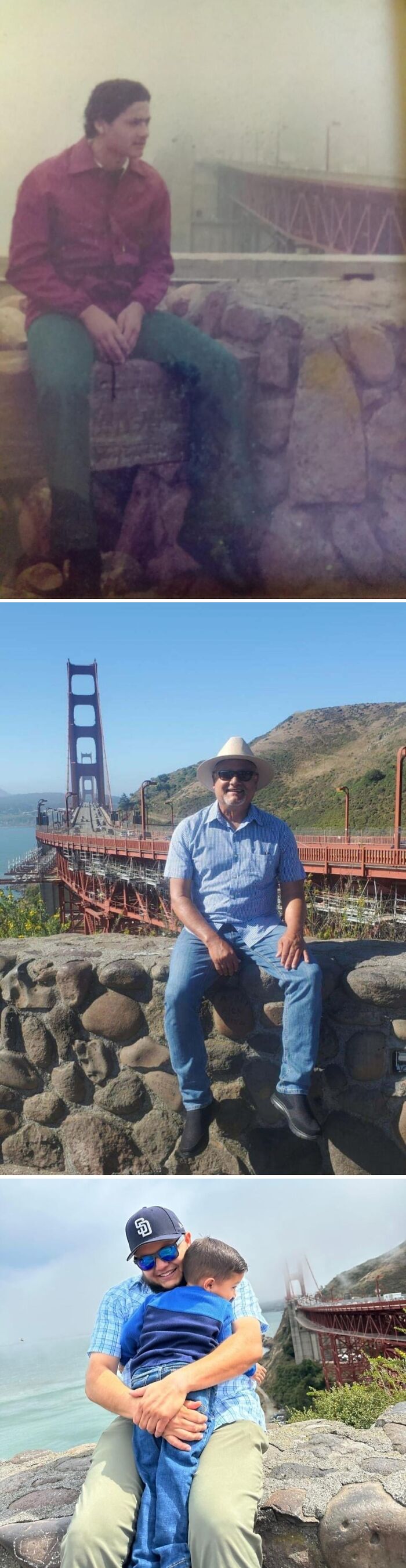 Wholesome Photos of three generations sitting by the Golden Gate Bridge, showing life journeys