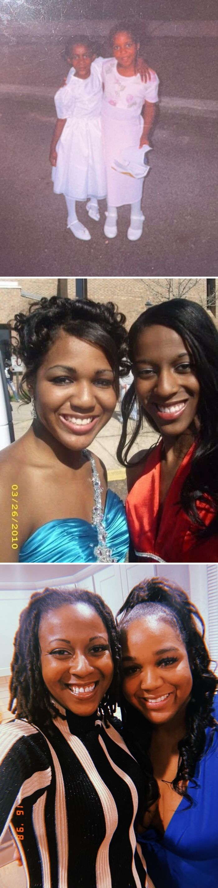 Wholesome photos of two women: childhood in white dresses, prom together, and smiling as adults showing their life journey.