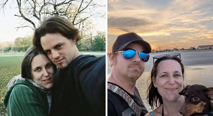 Wholesome photos of a couple: young selfie in park and older selfie on sunset beach with small dog