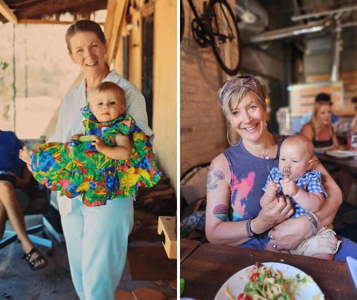 Wholesome photos: then and now diptych of a woman holding a baby — vintage porch photo and modern tattooed woman in a cafe.