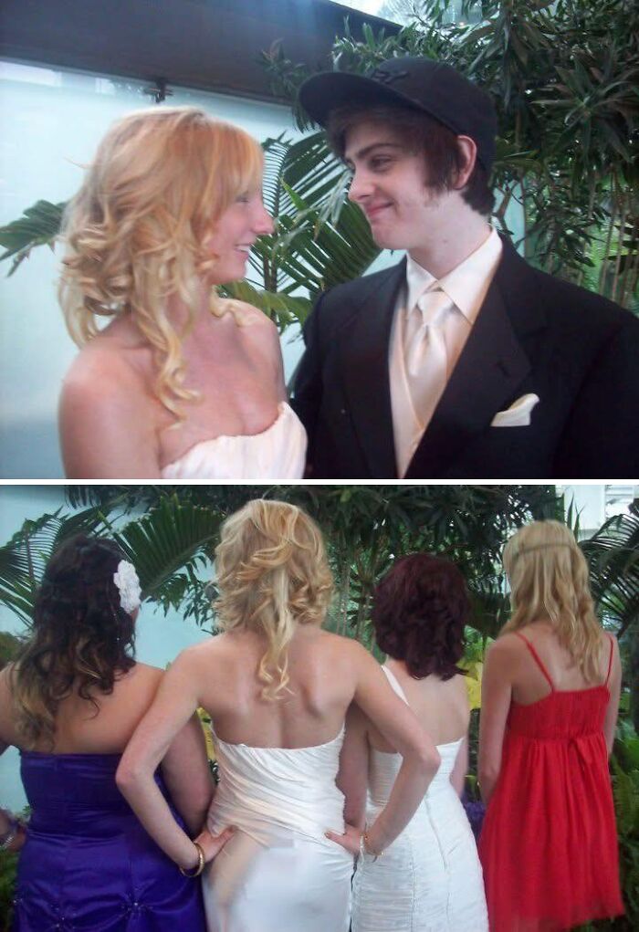 Group of people at formal event showing disastrous hairstyles that may make you question life decisions with various hair colors and styles.