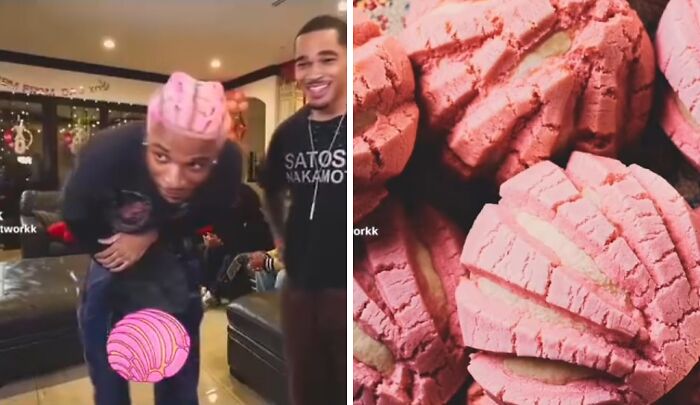 Man with pink brain-inspired hairstyle bending forward next to smiling man, showcasing one of the most disastrous hairstyles.