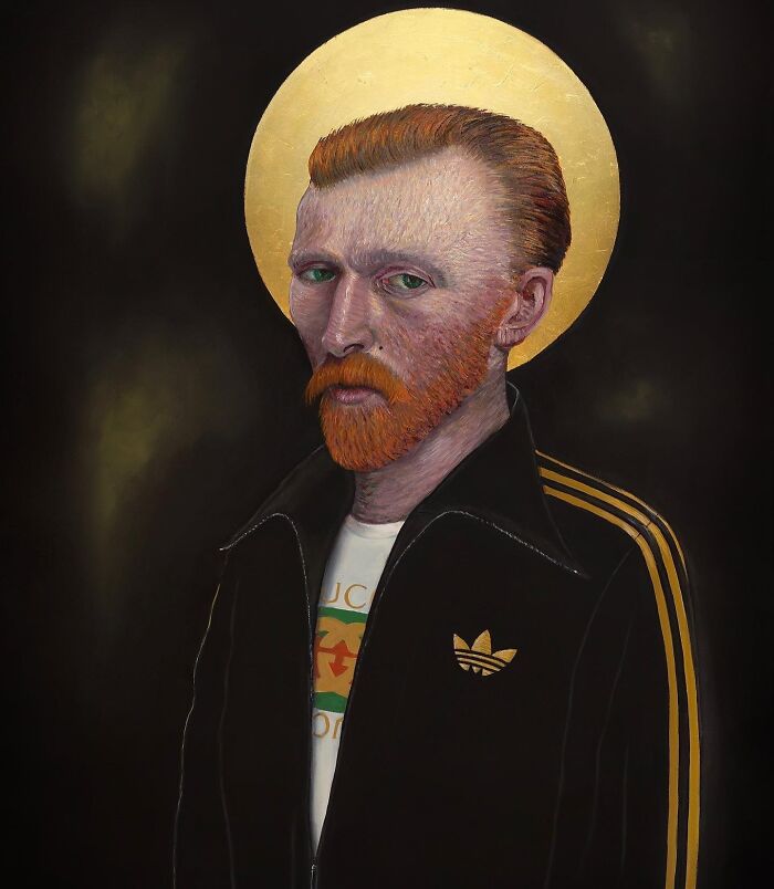 Scottish artist reinterpretation of famous portrait in Adidas jacket with gold halo mixing classic painting and street style