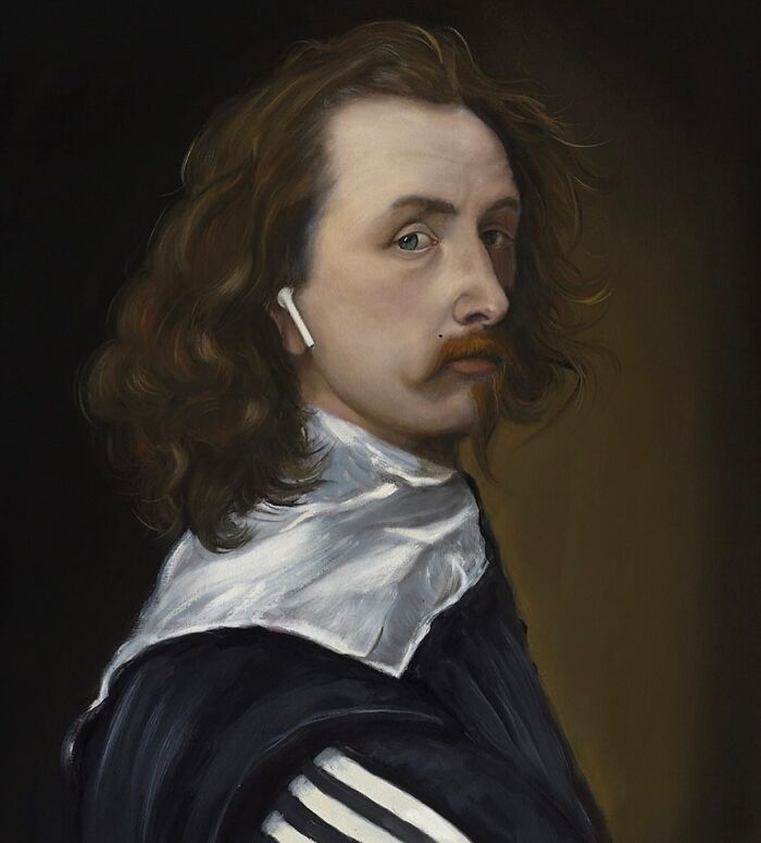 Scottish artist reimagined portrait with AirPods, ruffled collar and modern street culture twist