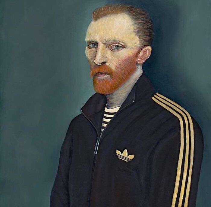 Scottish artist portrait of a bearded man in a black Adidas tracksuit blending classic painting with street culture