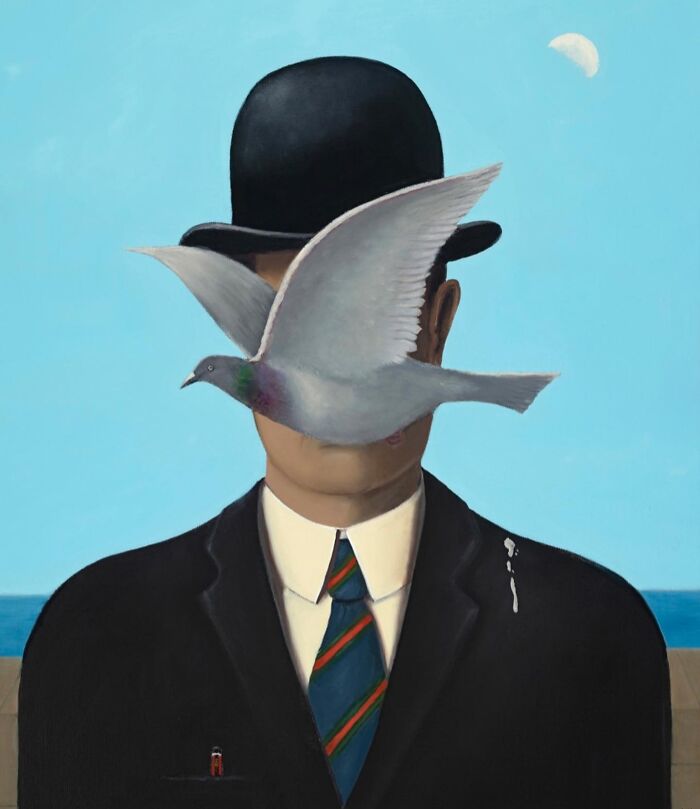 Scottish artist reinterpretation of a bowler-hatted man with pigeon obscuring his face, suit, tie and seascape background