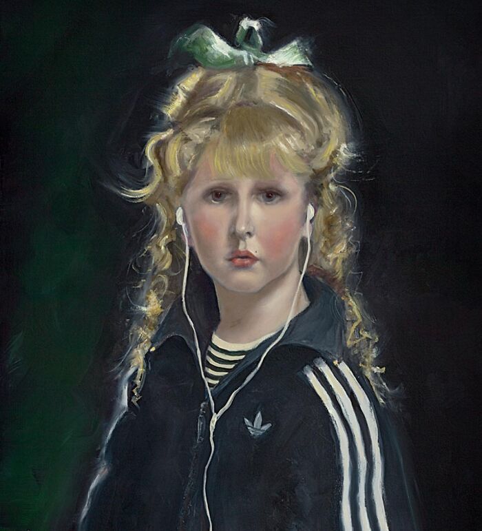 Portrait of girl in Adidas tracksuit and earbuds, modern street culture twist by Scottish artist