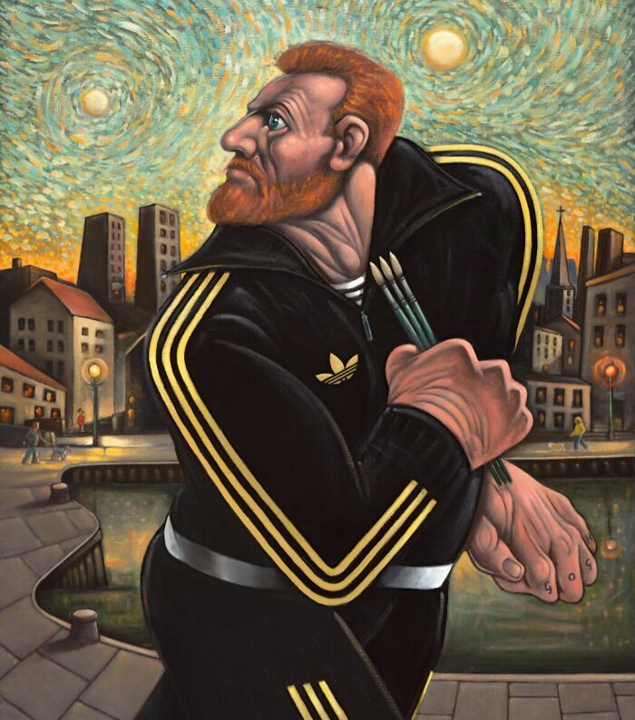 Scottish artist depicts a famous painter reimagined as a modern street-culture figure in a tracksuit holding paintbrushes