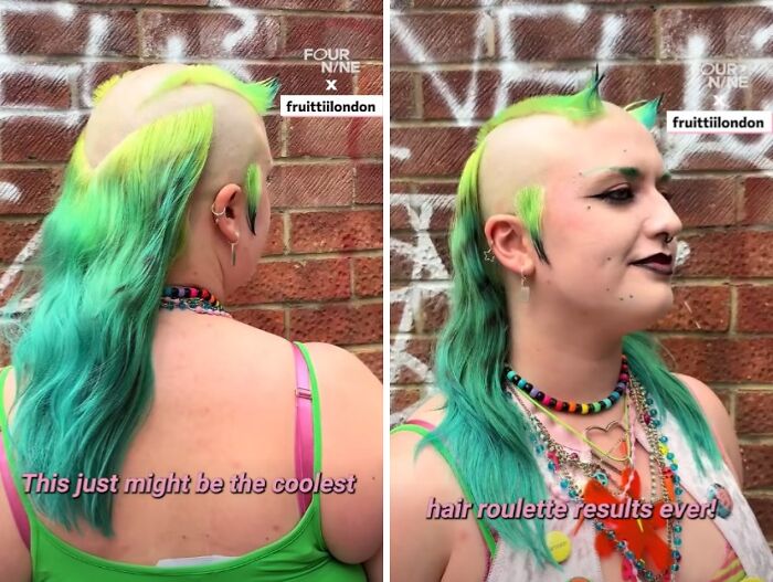 Person with a green and yellow edgy hairstyle featuring shaved patterns and long hair, showcasing a disastrous hairstyle look.