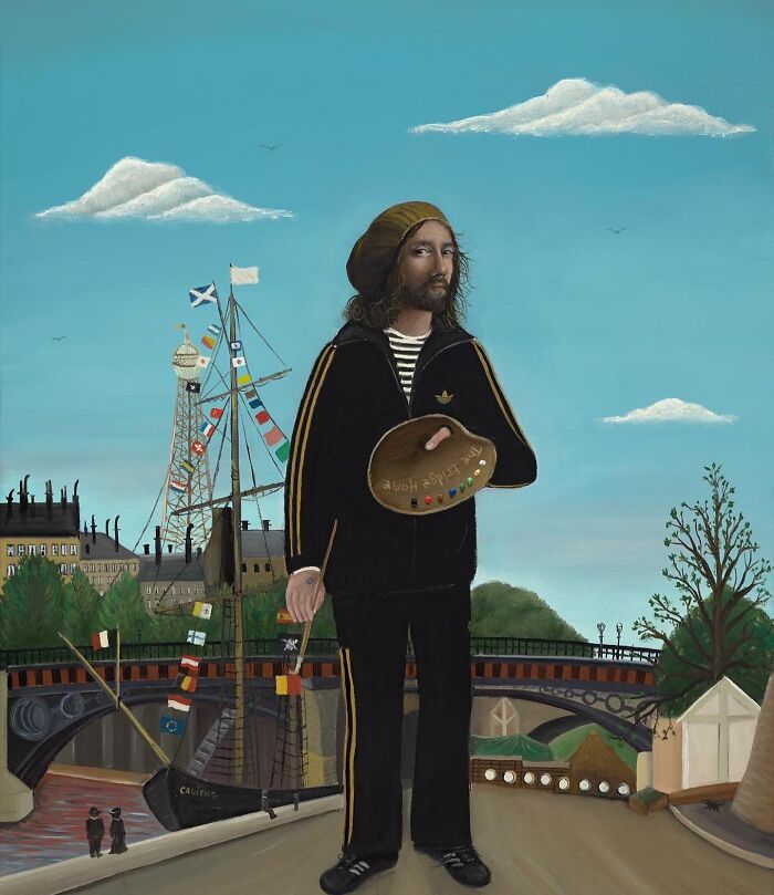 Scottish artist in black tracksuit holding paint palette on riverside with ship and bridge