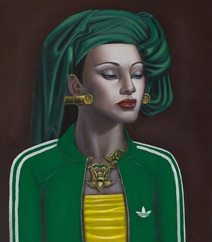 Painting by Scottish artist: portrait of woman in green turban, Adidas-style jacket and gold jewelry.