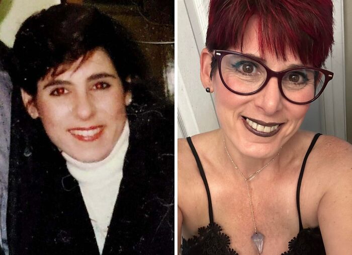 Wholesome photos before-and-after: woman younger in old photo left, modern smiling woman with glasses and red hair right