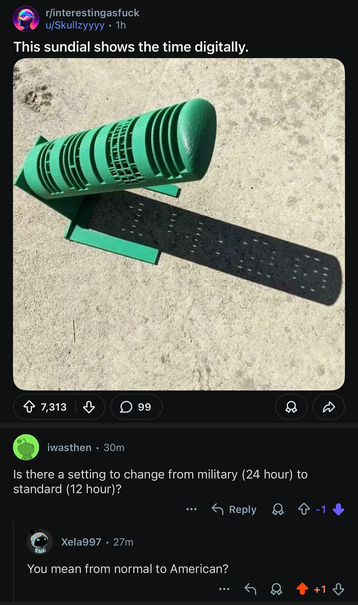 Reddit screenshot showing a digital sundial with comments roasting ridiculous American internet remarks.