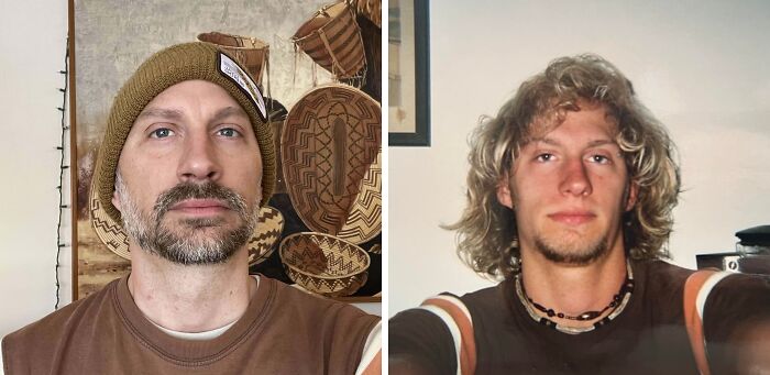 Wholesome photos side-by-side before and after portraits of a man: young with long blond hair, older with beanie and beard