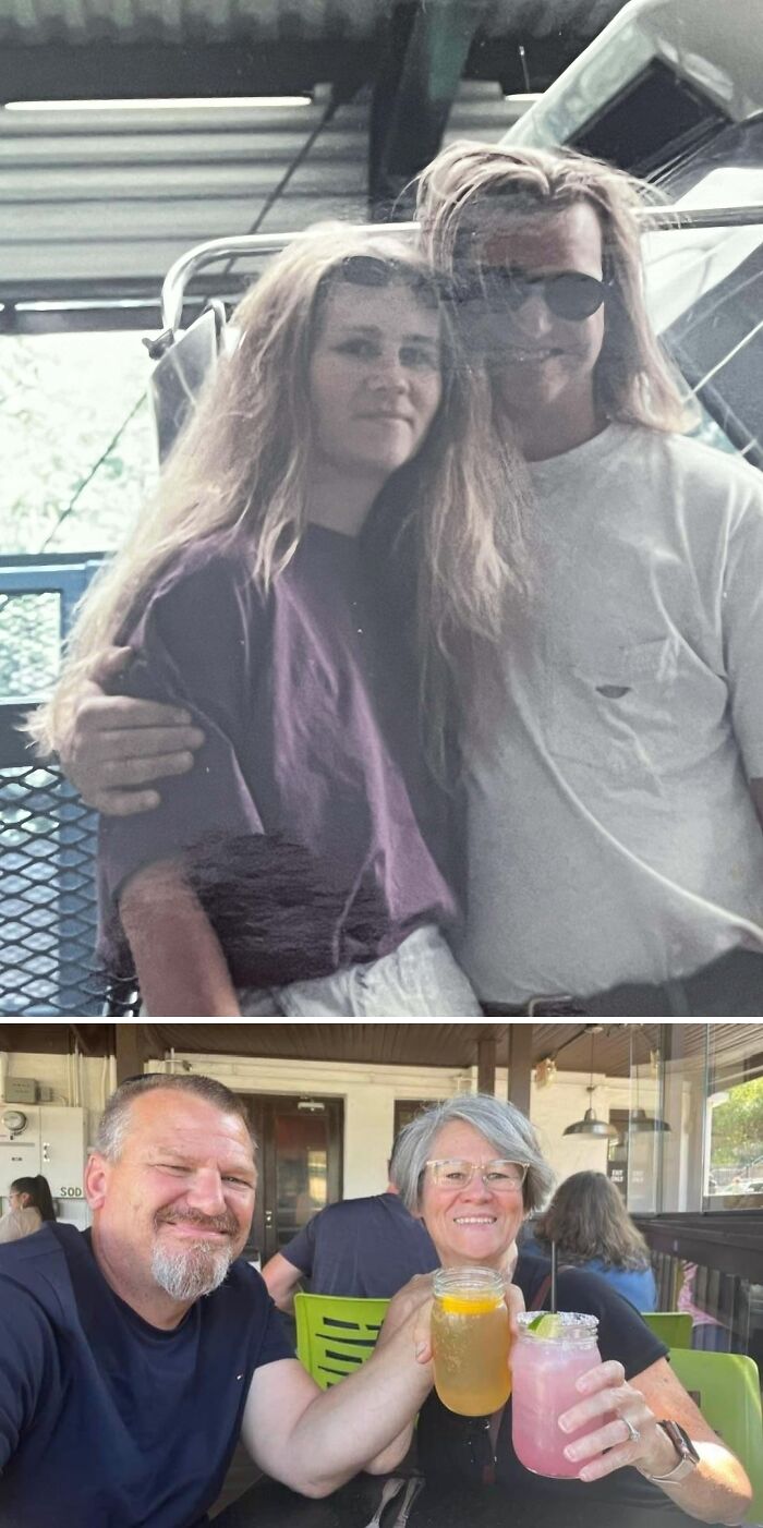 Wholesome photos then-and-now of a couple: young long-haired pair embracing, later smiling and toasting drinks outdoors.