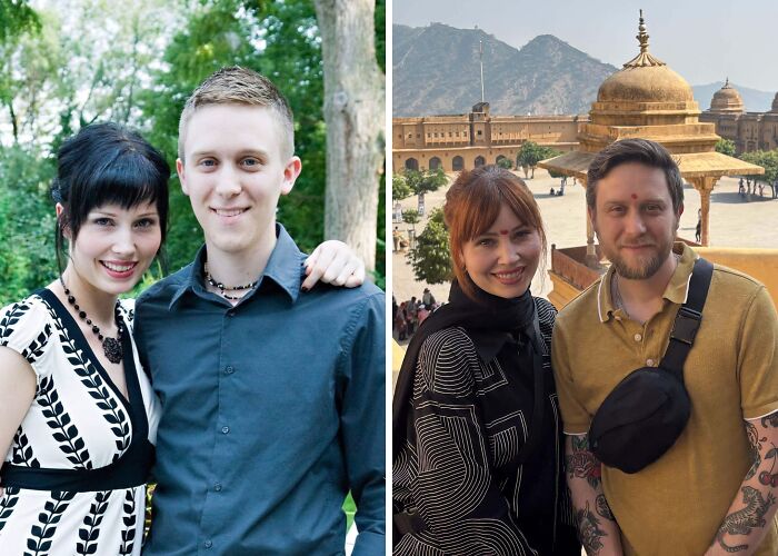 Wholesome photos: side-by-side before and after of a couple, younger portrait vs later travel photo at historic site