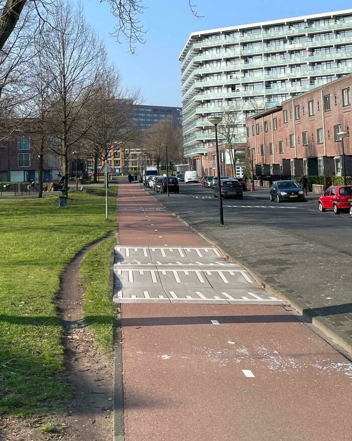 Desire paths created by pedestrians alongside planned city bike lanes and sidewalks in an urban neighborhood.