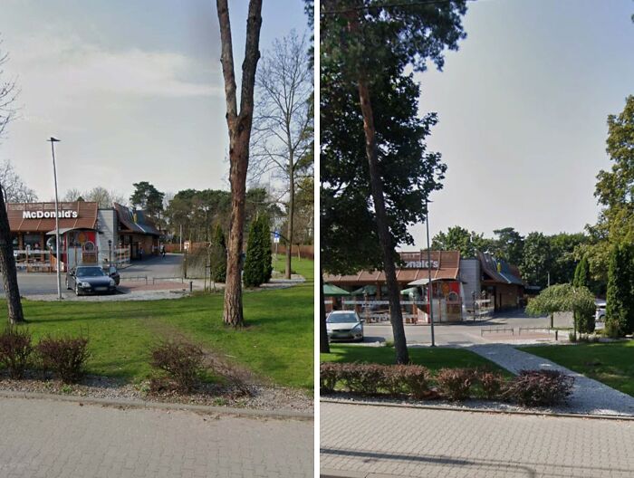 Side-by-side images of a McDonald's with worn desire paths indicating how people walk versus planned city pathways.