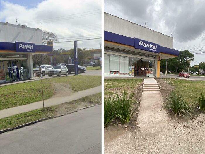 Side-by-side images showing desire paths and paved paths outside a PanVel store, illustrating city planning versus actual walking.