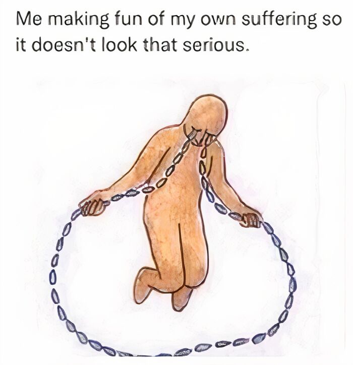 Illustration of a person skipping rope with chains, caption about using humor as a coping mechanism for suffering.