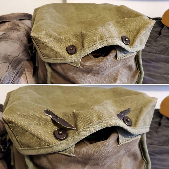 Close-up of a green canvas bag with button snaps that look like eyes, creating a confusing and funny visual effect.