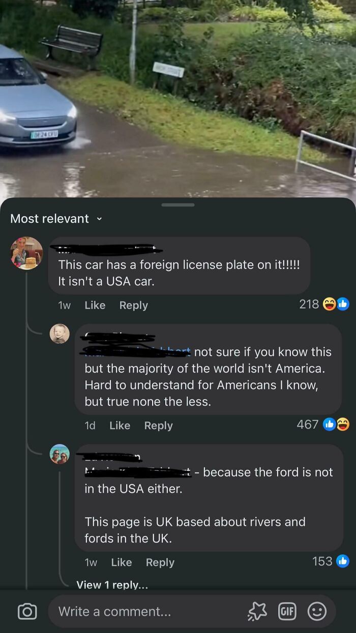 Car driving through a flooded area with internet comments showcasing ridiculous American internet comments that deserved to get roasted.