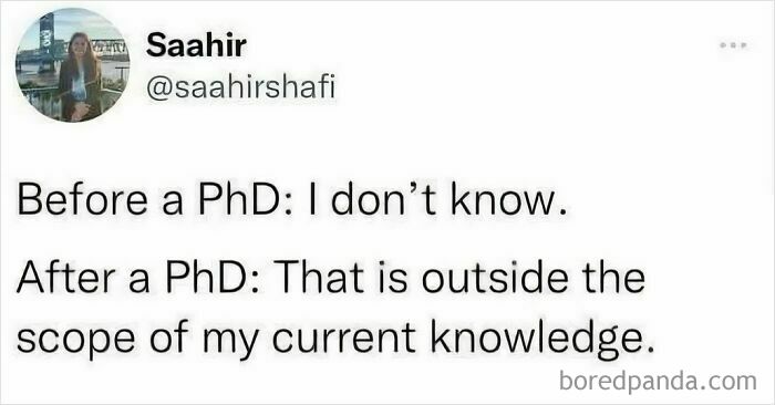 PhD humor meme highlighting the difference in knowledge expression before and after earning a PhD degree.