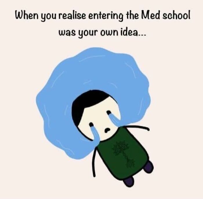 Cartoon character crying with text about realizing entering Med school was their own idea, depicting medical humor meme.