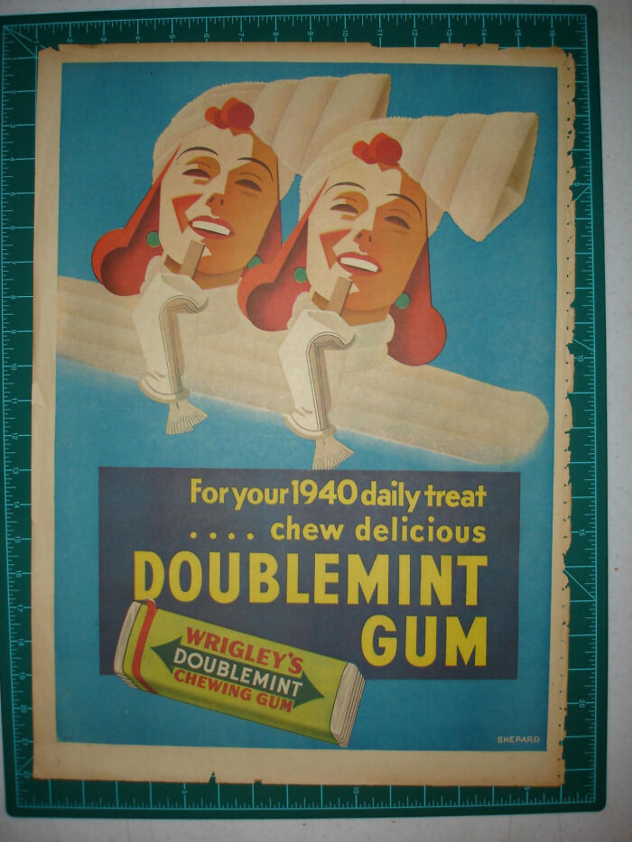 Vintage women’s ads featuring two smiling women chefs promoting Wrigley’s Doublemint chewing gum from 1940.