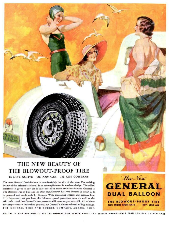 Vintage women’s ads featuring three stylish women by a car showcasing blowout-proof tire promotion.
