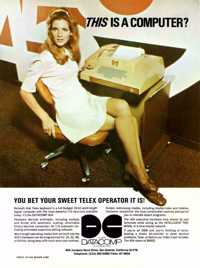 Vintage women’s ad featuring a woman in a white dress with a retro telex computer highlighting vintage women advertising.
