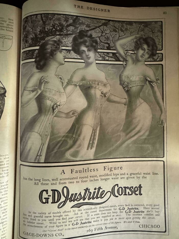 Vintage women’s ads showing early 1900s corset styles emphasizing a faultless figure and modified waist design.