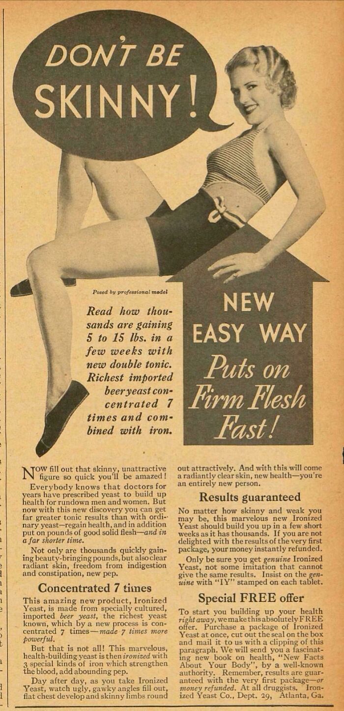 Vintage women’s ad showing a model promoting a tonic to gain weight and put on firm flesh fast.