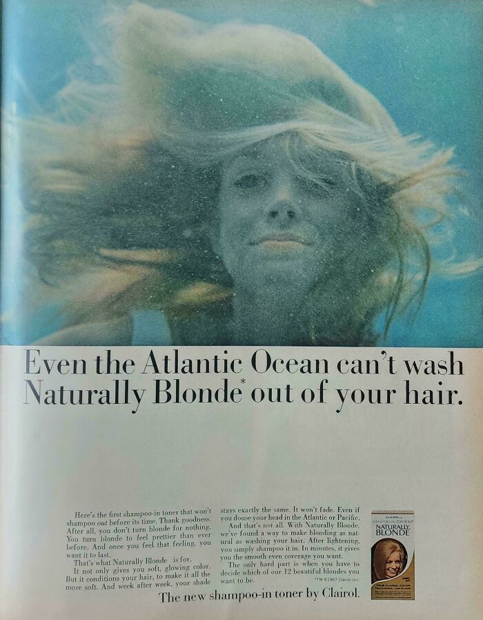 Vintage women’s ads featuring shampoo claims about naturally blonde hair and beauty standards from past decades.