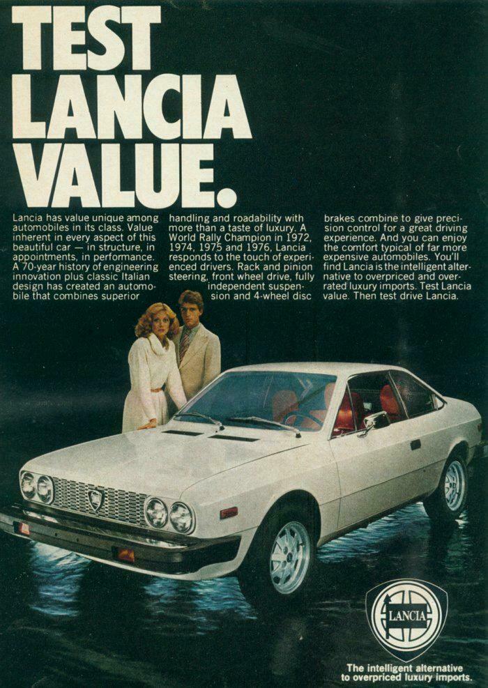 Vintage women's ads featuring a couple posing with a classic Lancia car, highlighting unique value and style from past decades.