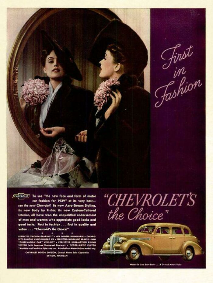 Vintage women’s ads showing a stylish woman in a hat admiring herself in a mirror with a classic 1939 Chevrolet car.