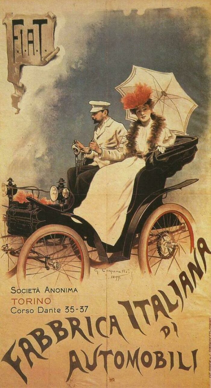 Vintage women’s ads showing a stylish woman with parasol and man driving an early automobile from 1897.