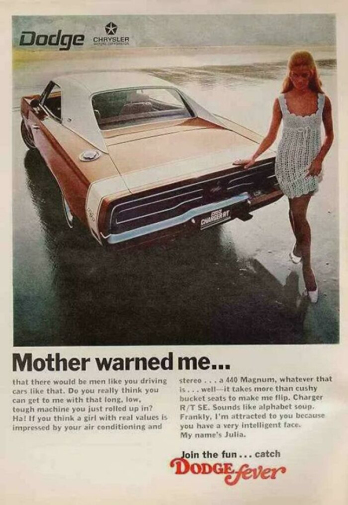 Vintage women’s ad featuring a woman in a dress next to a classic Dodge Charger car from the 1960s era.