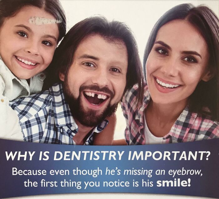 Family smiling in a creative print advertisement using humor to highlight the importance of dentistry and oral health care.