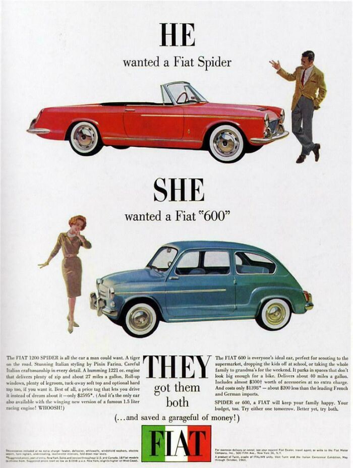 Vintage women’s ad showing gendered car preferences with a man and woman beside two classic Fiat models.