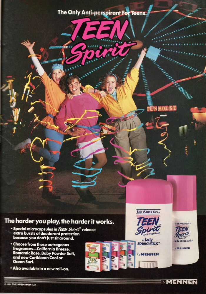 Vintage women’s ads showing three teens joyfully posing with colorful swirls at a night carnival for Teen Spirit deodorant.