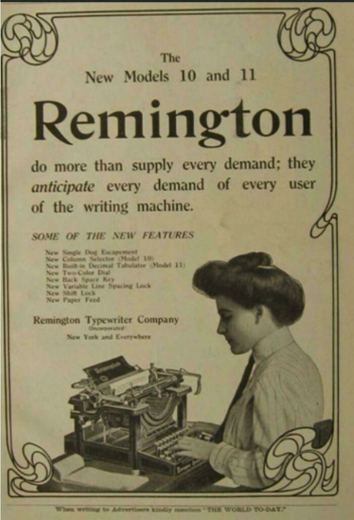 Vintage women's ads showing a woman using a Remington typewriter, reflecting changing societal roles and technology.