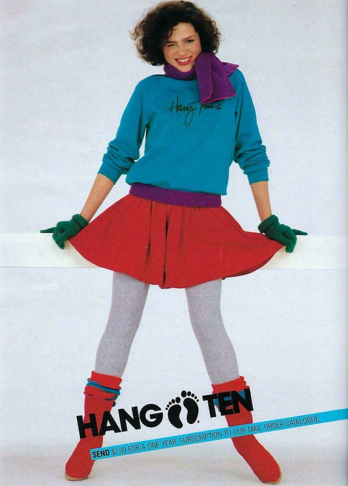 Vintage women’s ads featuring a smiling woman in colorful 1980s fashion with red skirt and Hang Ten branding.